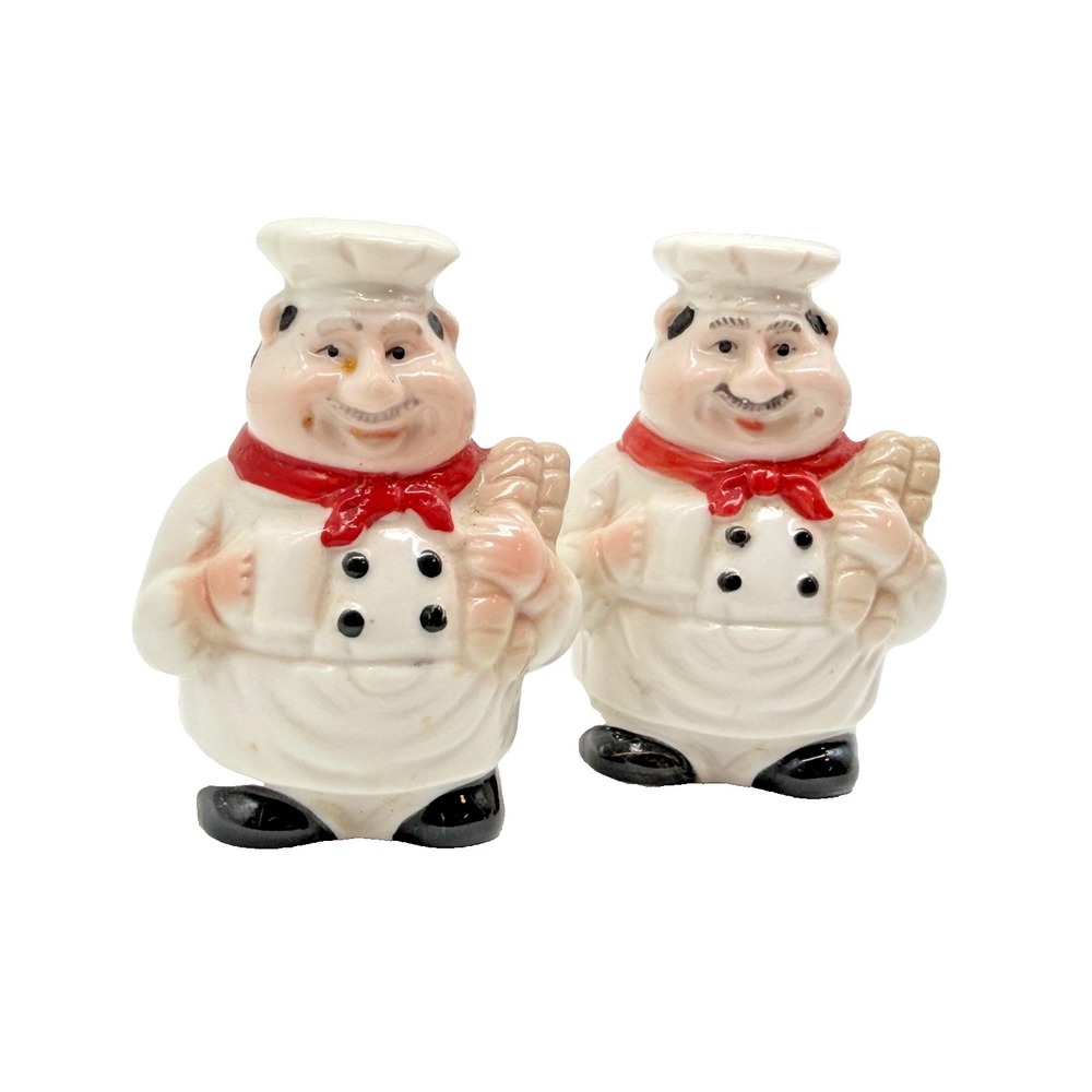 Vintage Ceramic Fat Bistro Chef Baker with Baguettes Salt & Pepper Shakers Set
